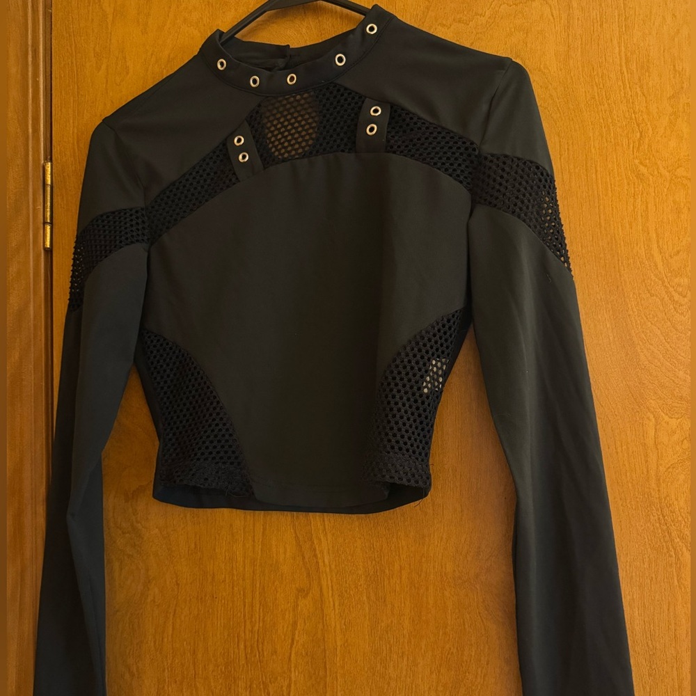 Black Mesh Long Sleeve Crop Top